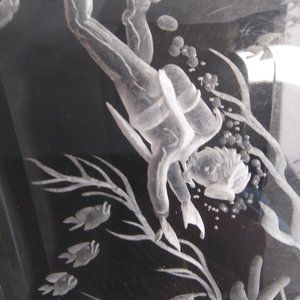 Lucite Reverse Carved Paperweight Sculpture signed Leah underwater scene scuba